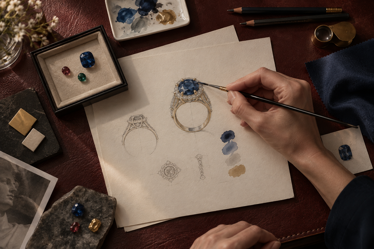 Dessin préparatoire d’une bague et sélection de pierres colorées