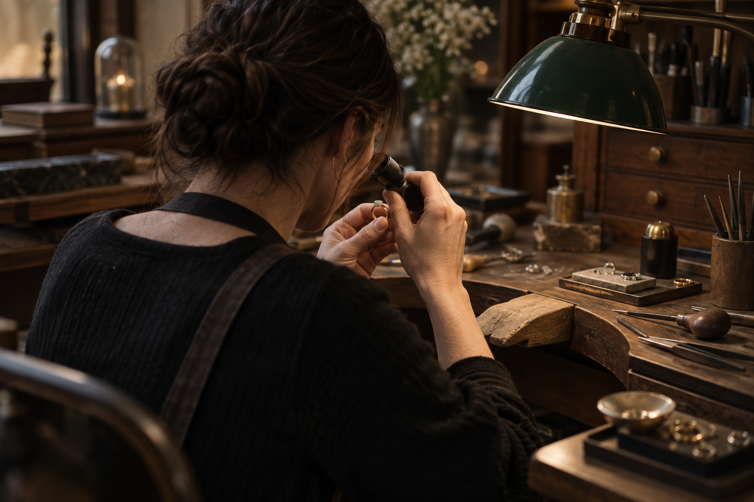 Joaillière examinant une bague à son établi traditionnel